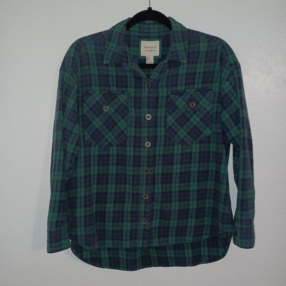 Forever 21 plaid button down shirt green & navy blue cotton women’s small - Picture 2 of 4